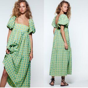 🩵Medium Zara Blogger Favorite Gingham Puff Sleeve Midi Maxi Dress